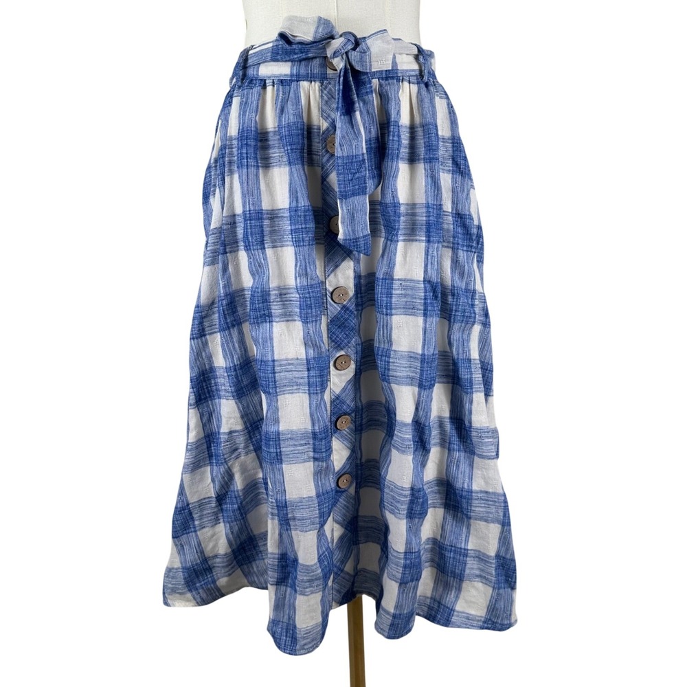 Mi Ami Midi Skirt Women M Blue Gingham Cottagecore Boho Button Front Tie Waist